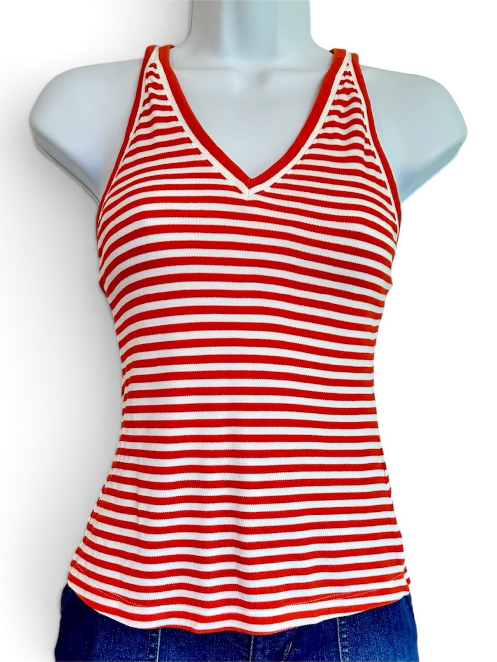 Maeve by Anthropologie Orange & White Striped V-Neck Racerback Tank